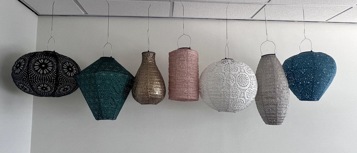 7 x Solar buiten Lampion met motief - Pakket - tuinverlichting - zonne energie - buitenlamp
