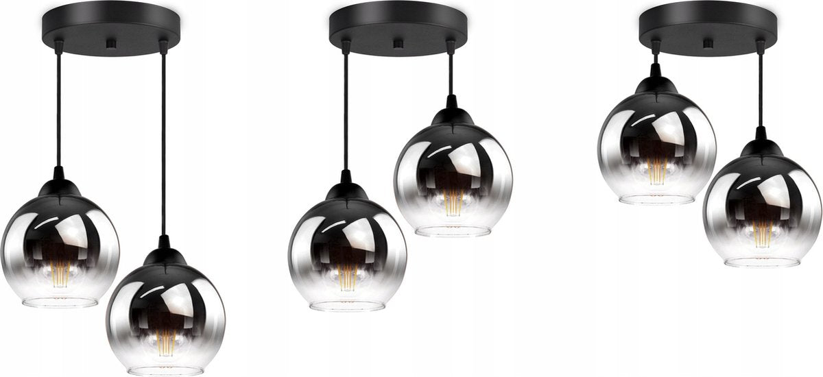 Industrial Hanging Lamp for Living Room, Dining Room - Smoking Glass - 2-Lights - Smoke Glass - 2 spheres - Smoked Glass