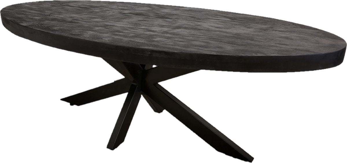 Salontafel Anne - volledig zwart - ovaal 120 cm lang mangohout met matrixpoot 80 cm breed metalen frame