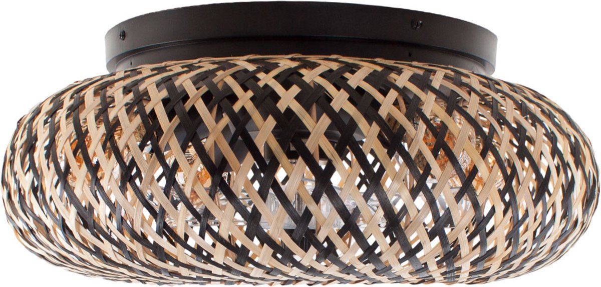 Ceiling fan with light - Rattan natural / black Ø 50 cm