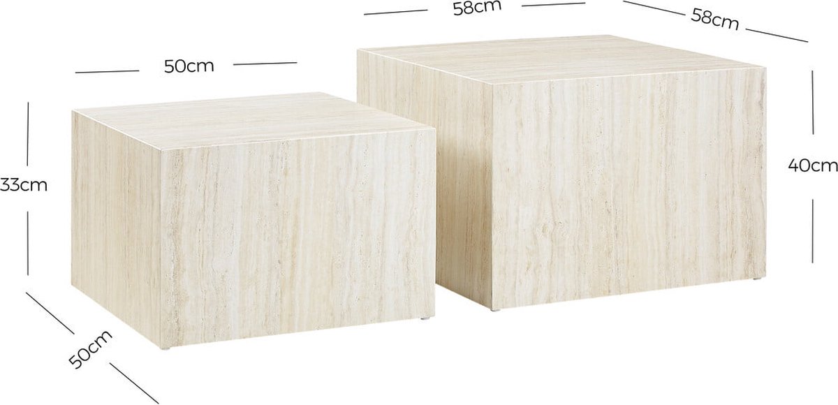 Salontafel set Jip Travertin - MDF - Vierkant - 58x58cm - Hoogte 40 cm