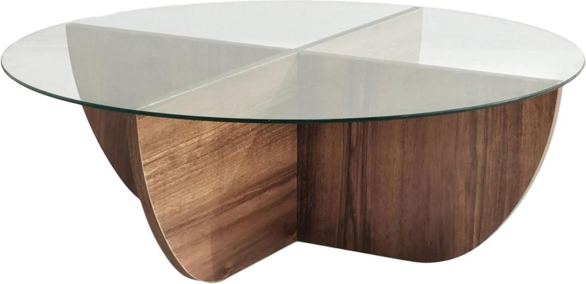 Salontafel halfrond glas hout - walnoot - 90x30 cm - gehard glas - Retro - bijzettafel rond glas