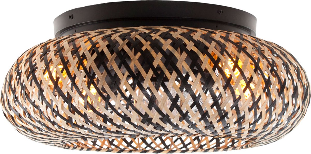 Ceiling fan with light - Rattan natural / black Ø 50 cm
