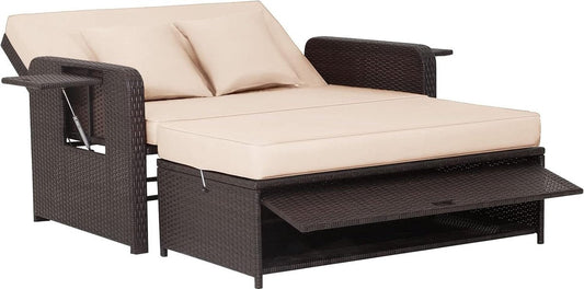 Rieten bankstel - 2-zits fauteuil met voetenbank en 2 bijzettafels, terrasbank, slaapfunctie, lounge tuinbank, verstelbaar voor buiten, balkon en tuin, 170 x 120 x 91 cm