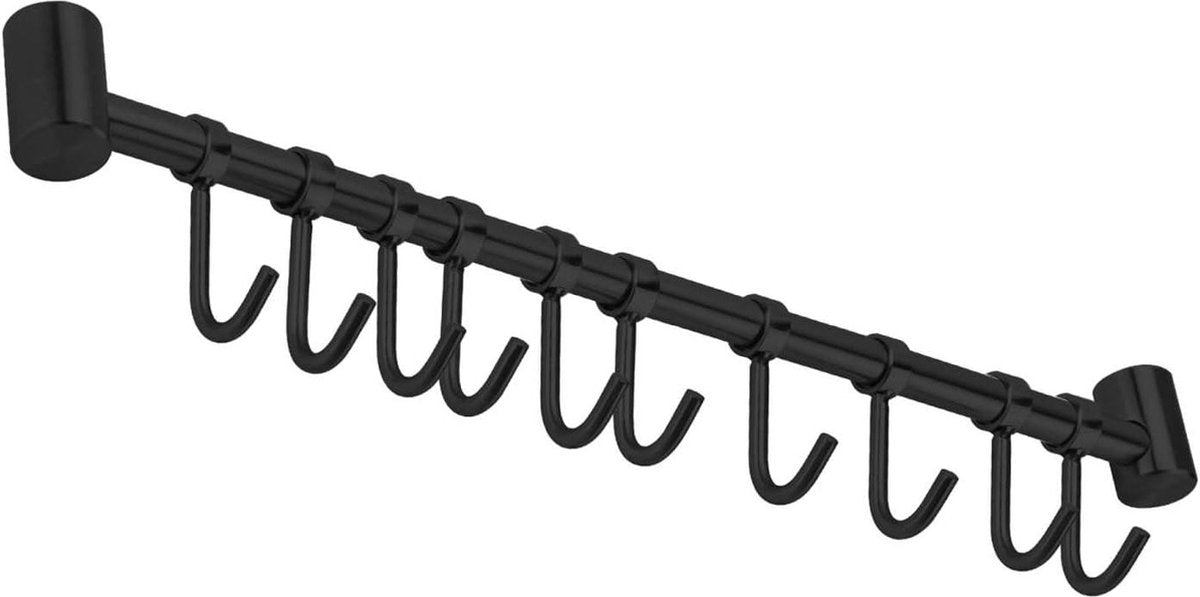 Roestvrijstalen ophangrail voor de keuken - 10 beweegbare haken - 526 x 34 x 22 mm - keukenreling-haakrail - keukengerei stang - bekerhouder muurbevestiging keukenstang