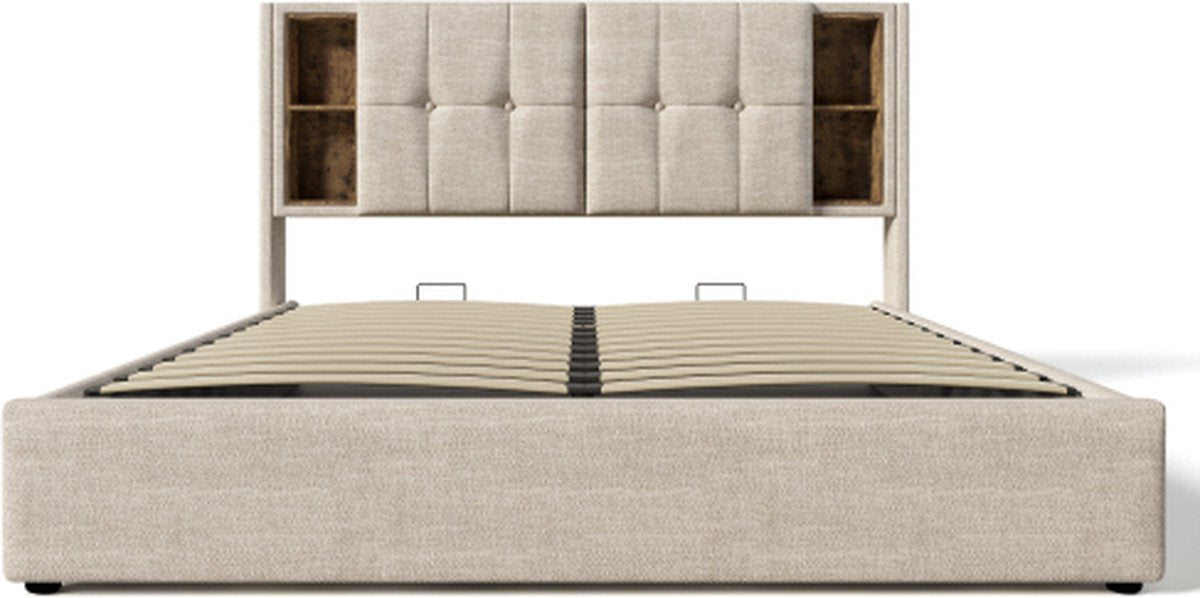 160x200 cm Tweepersoonsbedden met laden, bedbodem met opbergruimte, natuurlijke houten lattenbodem, beige