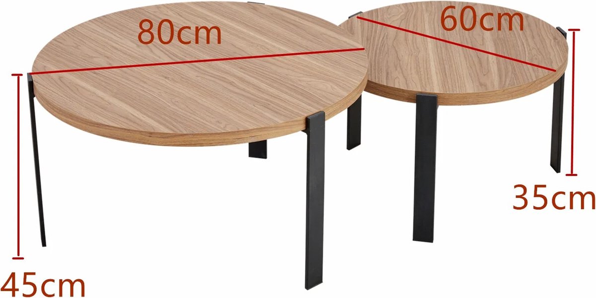 ByLoesje® Set van 2 Ronde salontafels - Hout - Donker Bruin - Woonkamer - Bijzettafel - 3 Poten