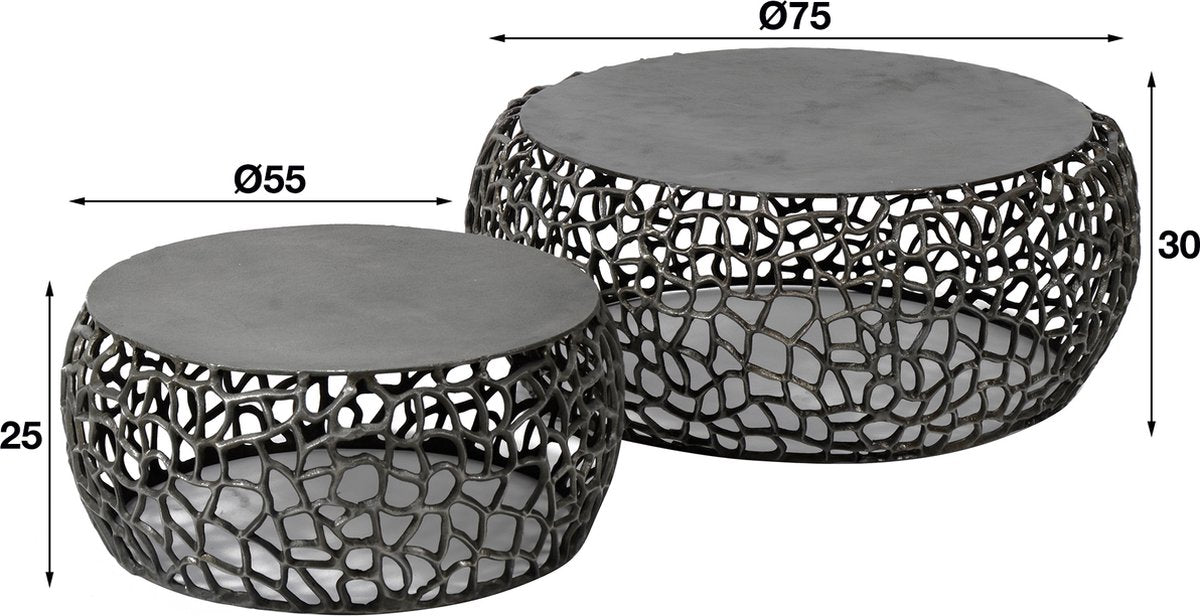 Coffee table set of 2 Maze | sand-cast design | black nickel | 75x75x30 cm | robust and modern | living room