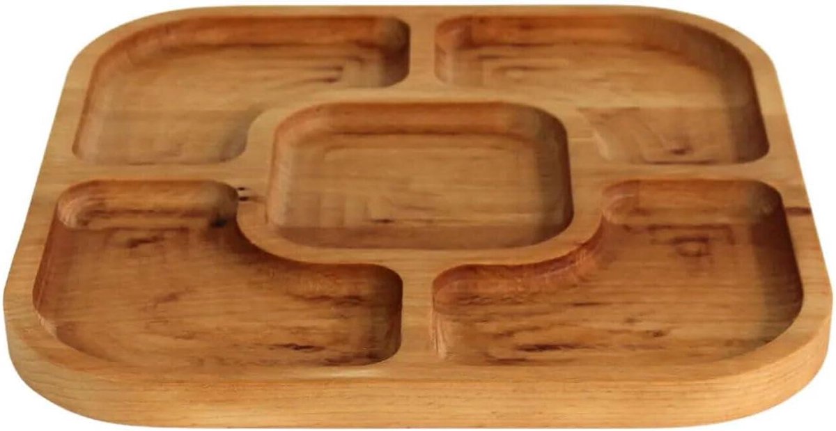 Serveerschaal van natuurlijk hout - 25 x 25 cm - 5 gedeelde vakken - serveerblad voor voorgerechten, kaas en snacks - houten bord voor vlees en kaas