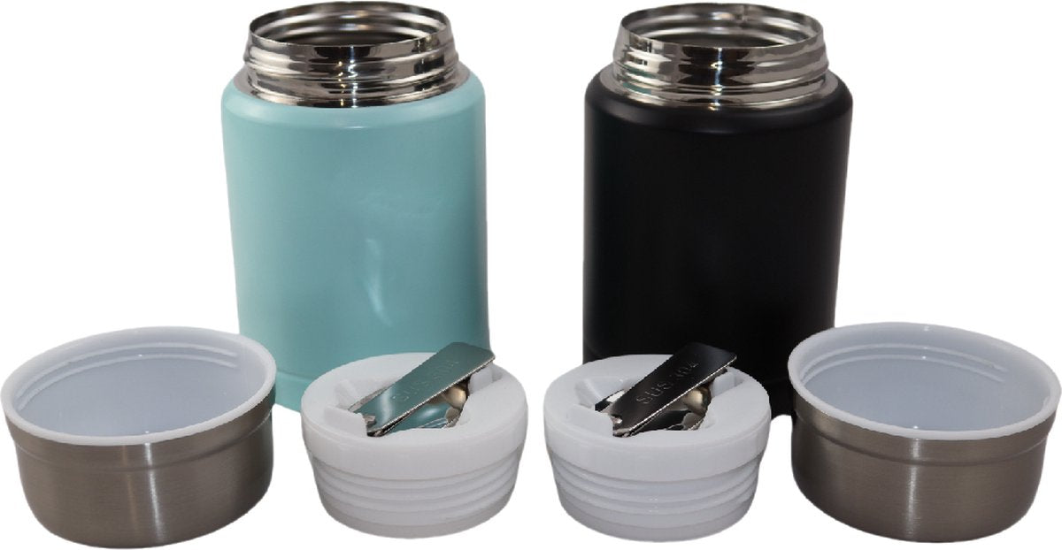 Light Blue & Black Thermos Food Container with Spoon x2 - Thermos Flask - Food container for noodles, soup, oatmeal, ice cream, baby food and more! - Yogurt cup to go - Thermos cup for taking food with you - Light Blue & Black - 450ml