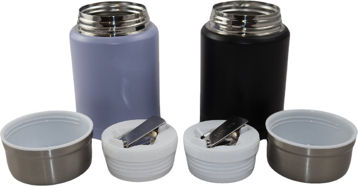 Lichtpaarse & Zwarte Thermos Voedselcontainer met Lepel x2 - Thermoskan - Voedselcontainer voor noedels, soep, havermout, ijs, babyvoeding en meer! - Yoghurtbeker to go - Thermosbeker voor het meenemen van eten - Lichtpaars & Zwart - 450ml