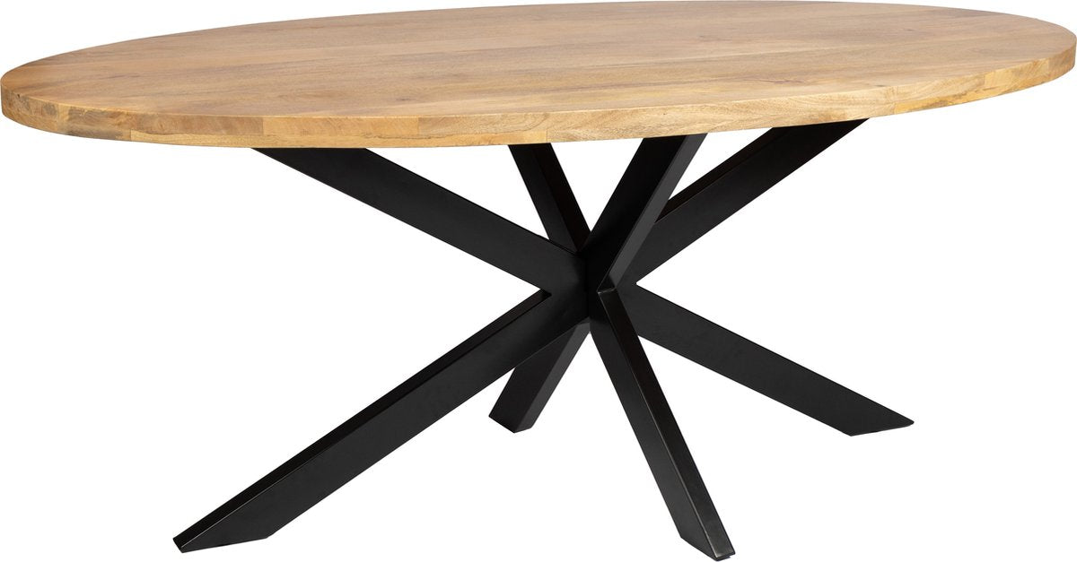 Eettafel ovaal 200cm mangohout zwarte matrixpoot van metaal - blad 4cm dik - 100cm breed