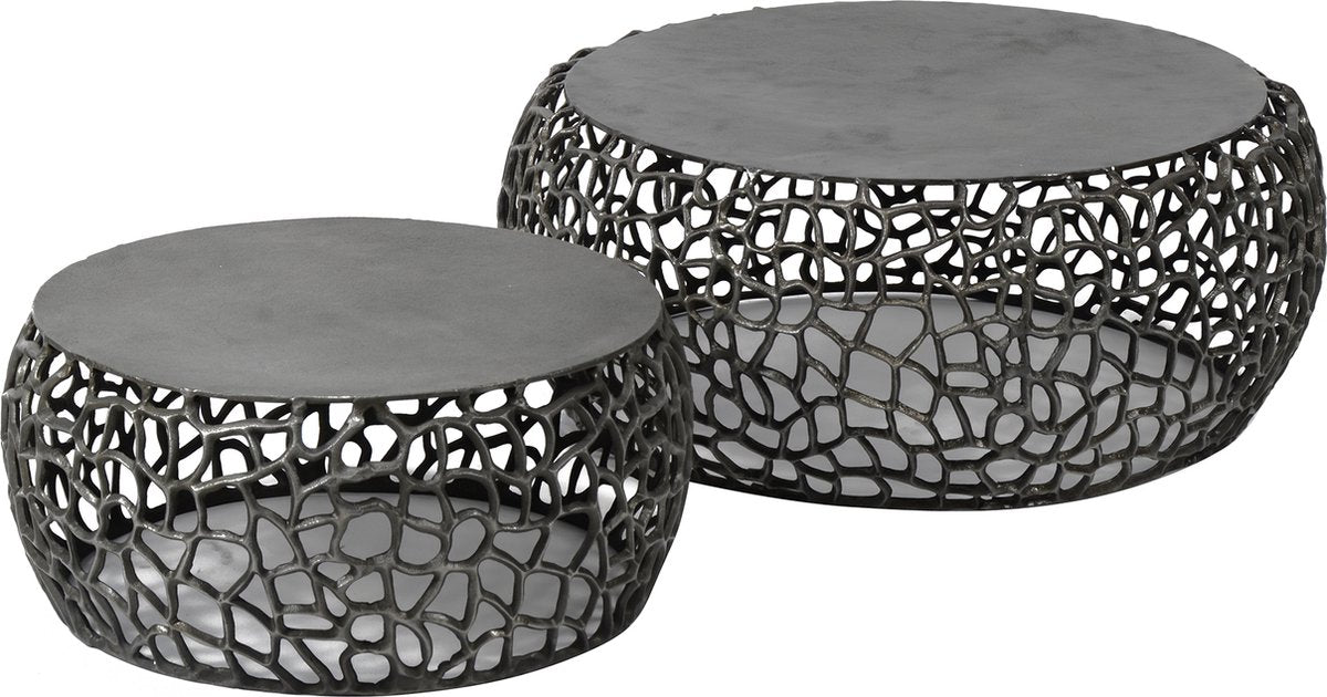 Coffee table set of 2 Maze | sand-cast design | black nickel | 75x75x30 cm | robust and modern | living room