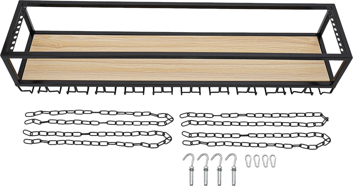 Wine Rack - Hanging - With Glass Holder - Adjustable Chains up to 1M - Industrial - Ceiling Mount - 110cm - Load Capacity 75 kg