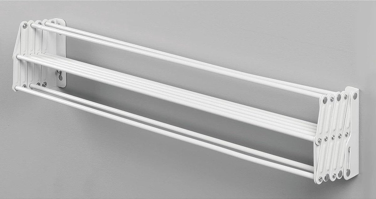 Metal clothes rail - Retractable washing line - Space-saving wall-mounted foldable drying rack - White