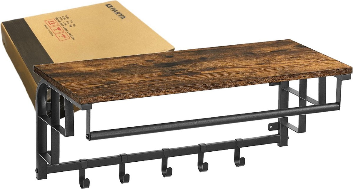 Parya Home - Vintage Kapstok met Hoedenplank - Hangende Wandkapstok in Metaal / Hout - 66cm lang - Bruin / Zwart
