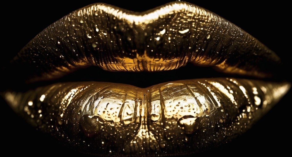 Gouden lippen met waterdruppels schilderij - Lippen wanddecoratie - Glasschilderij goud - Muurdecoratie woonkamer - Acrylglas schilderijen - Kantoor accessoires - 120 x 80 cm 5mm