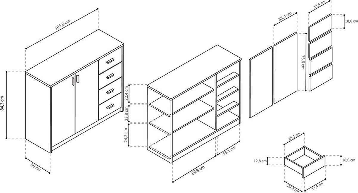 Low-density cabinet Edwin Sonoma - Width 106 cm - Height 84 cm - Depth 36 cm - With drawers - With shelves - With hinged doors