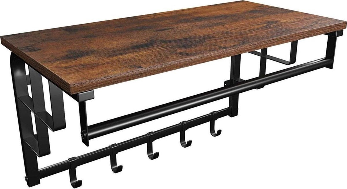 Parya Home - Vintage Kapstok met Hoedenplank - Hangende Wandkapstok in Metaal / Hout - 66cm lang - Bruin / Zwart