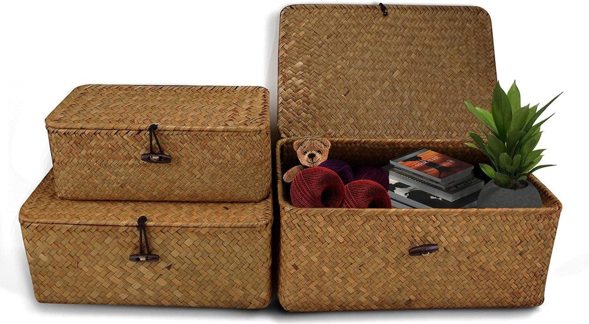 Rieten opbergmand van geweven rotan - opbergdozen met deksels - zeegras wasmanden - make-up organizer - badkamer woonkamer keuken - kleine rieten mand