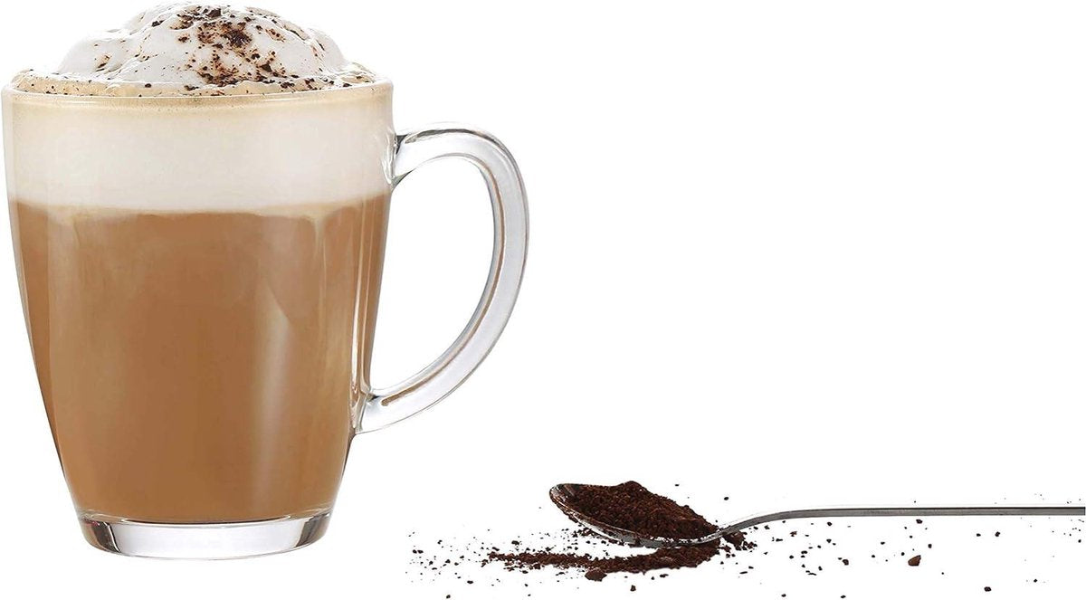 Latte Glazen Thee Koffie Kopjes - Geschikt voor Tassimo & Dolce Gusto - Set van 4 (385ml) met Lepels Cappuccinoglazen