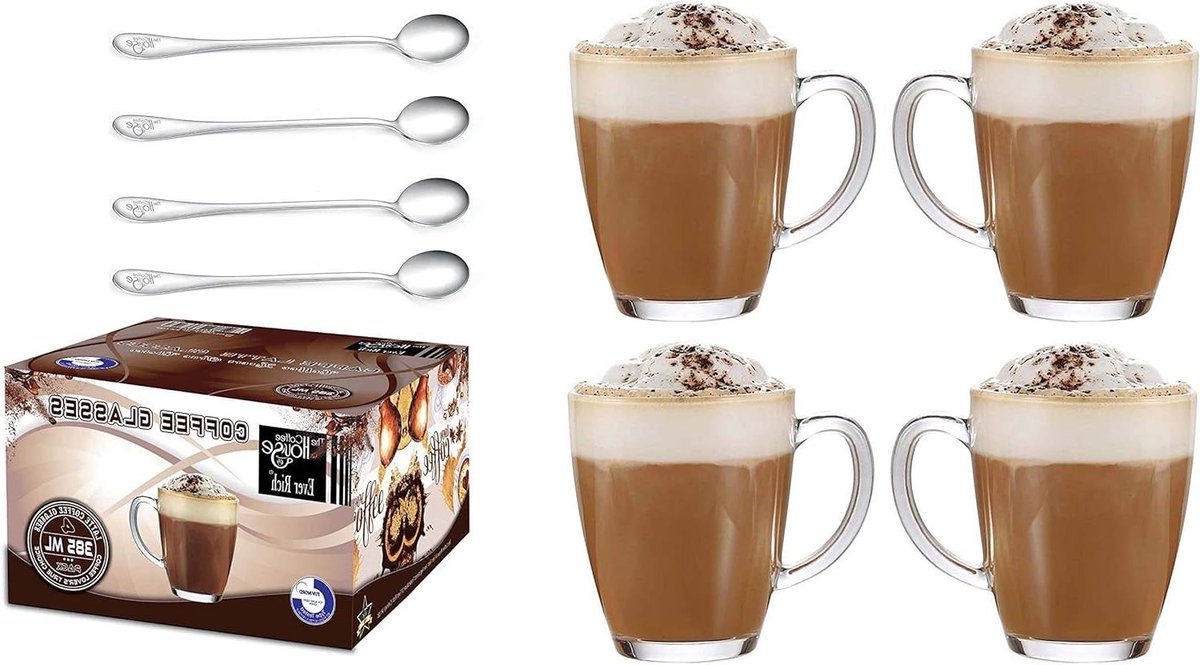 Latte Glazen Thee Koffie Kopjes - Geschikt voor Tassimo & Dolce Gusto - Set van 4 (385ml) met Lepels Cappuccinoglazen