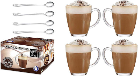 Latte Glazen Thee Koffie Kopjes - Geschikt voor Tassimo & Dolce Gusto - Set van 4 (385ml) met Lepels Cappuccinoglazen