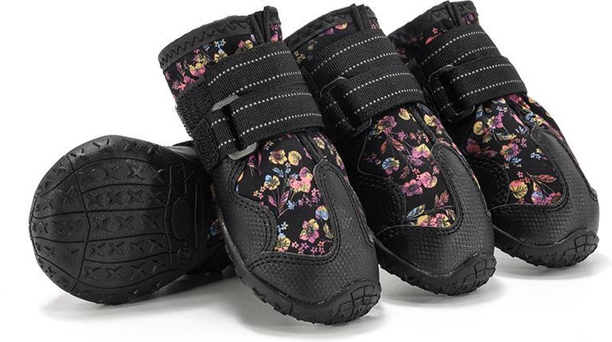 Dog Boots - Paw Protection - Anti-slip and Water Resistant - Size #2/XS - 4 pcs - Black/Flowers