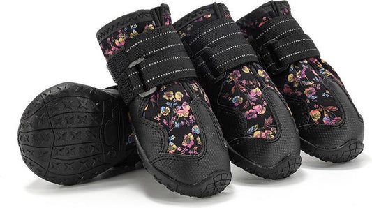 Dog Boots - Paw Protection - Anti-slip and Water Resistant - Size #2/XS - 4 pcs - Black/Flowers