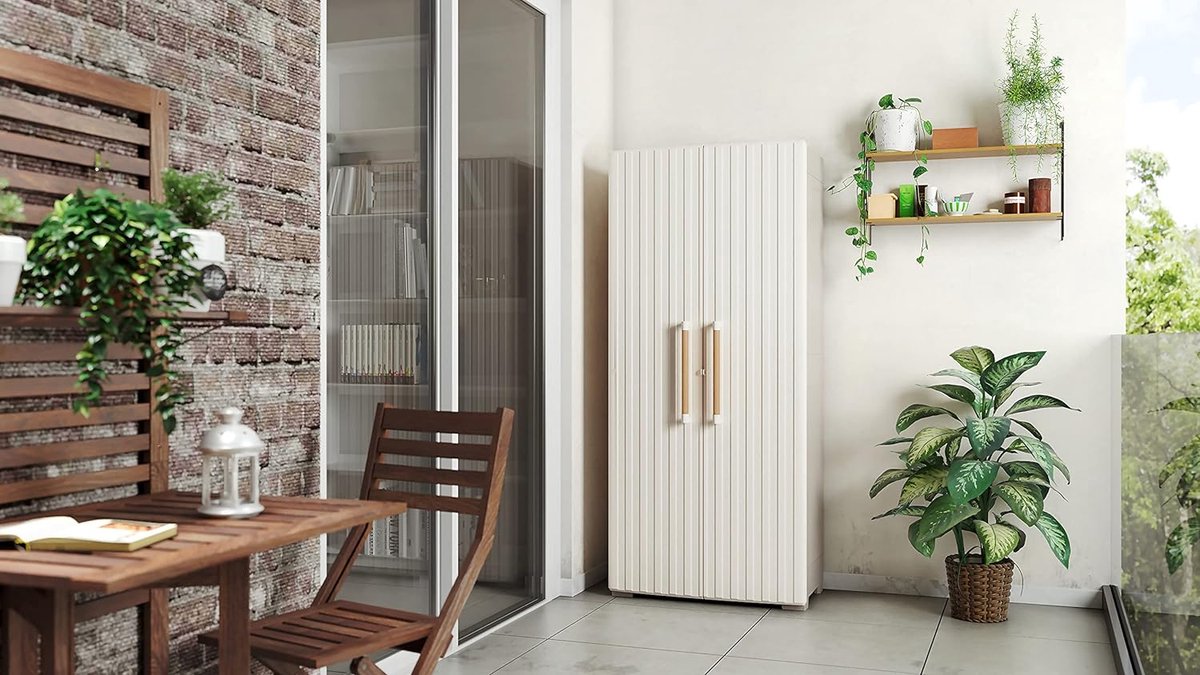 Keter Groove Outdoor Kast met Houtlook Deuren - Beige/Zand, 80 x 45 x 180 cm