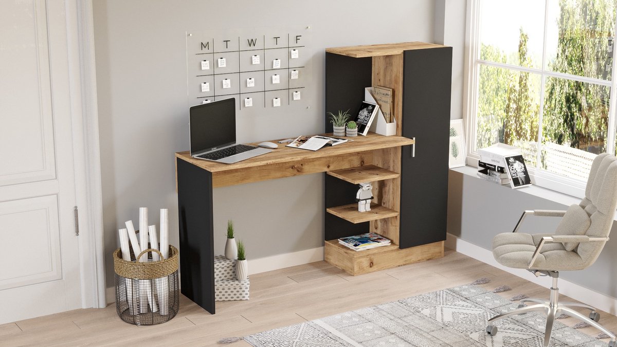 Stylish Desk with Cabinet - Black & Oak Design - 152.3x120x40cm - Durable Melamine Material