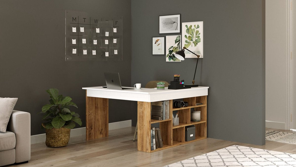 Hoekbureau met opbergruimte - Wit en naturel - LILEUL B 129 cm x H 72 cm x D 120 cm