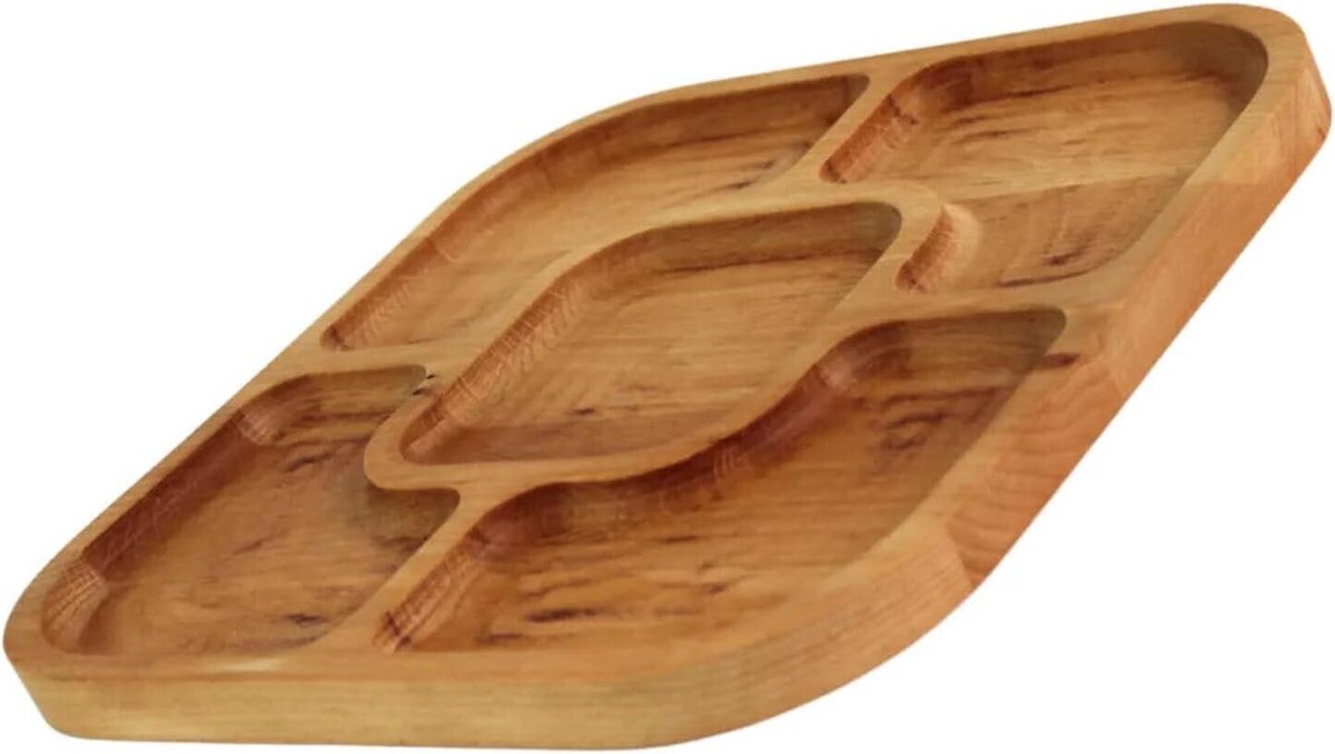 Serveerschaal van natuurlijk hout - 25 x 25 cm - 5 gedeelde vakken - serveerblad voor voorgerechten, kaas en snacks - houten bord voor vlees en kaas