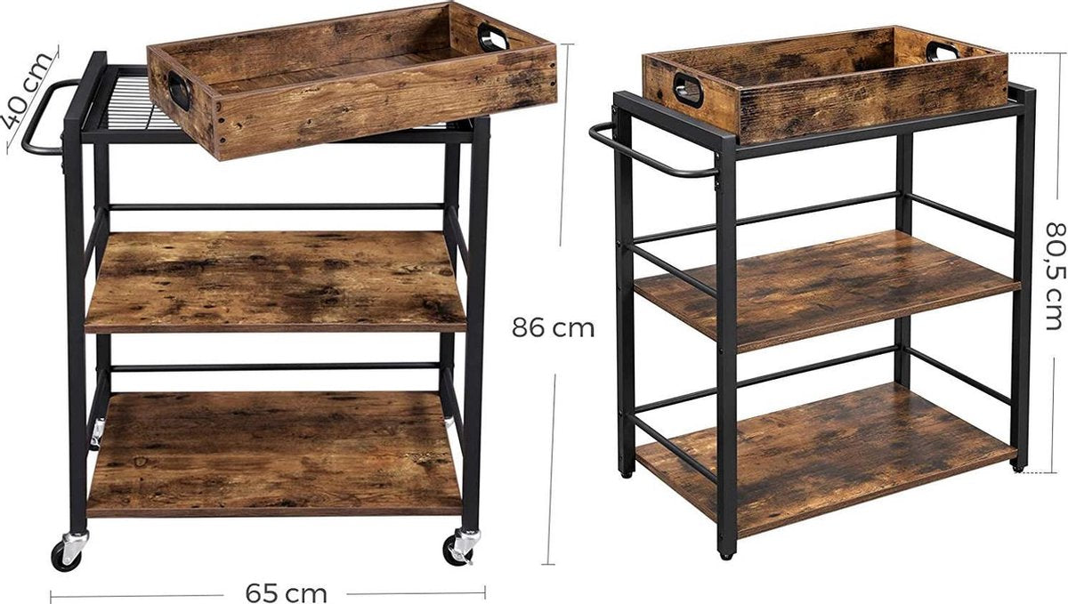 Serving trolley with removable tray - lockable kitchen trolley - metal frame - 65 x 40 x 86 cm - dark brown