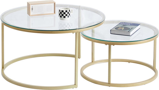 Moderne Salontafels - Set van 2 - Koffietafel - Bijzettafel - 2 Stuks - Ronde Salontafels - Gehard Glas - Goud - 80 en 60cm