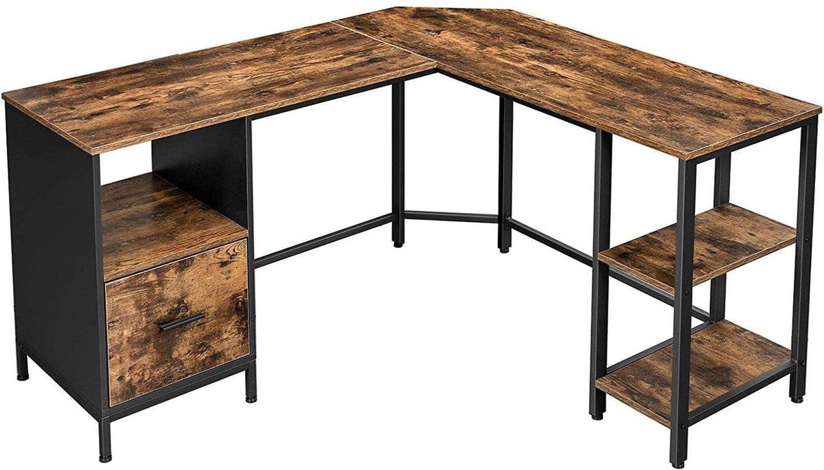 Hoekbureau - Computerbureau - Met Ladeblok - Houten Blad - Industriële Look - Bruin