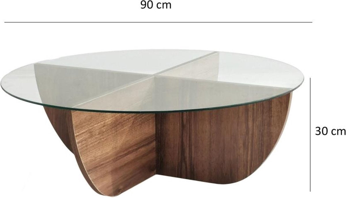 Salontafel halfrond glas hout - walnoot - 90x30 cm - gehard glas - Retro - bijzettafel rond glas