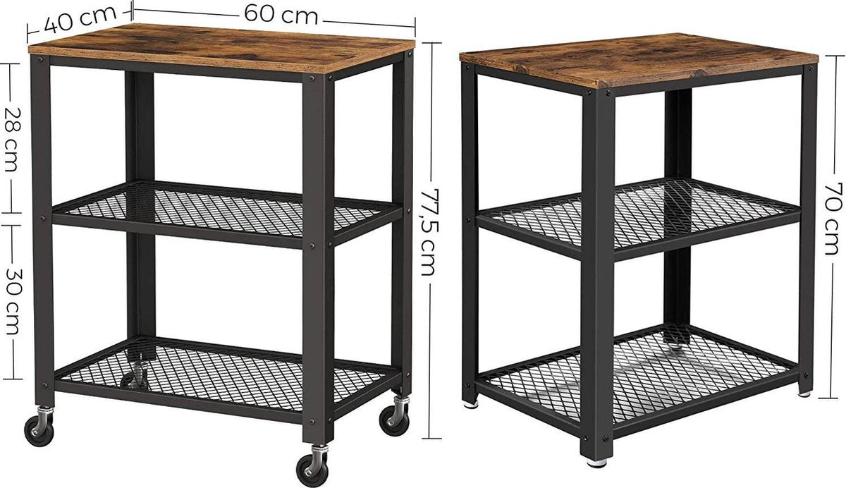 serveerwagen, keukentrolley, trolley, keukenrek op 4 wielen, stalen frame, 3 planken, voor keuken en woonkamer, industrieel design, vintage bruinzwart LRC78X