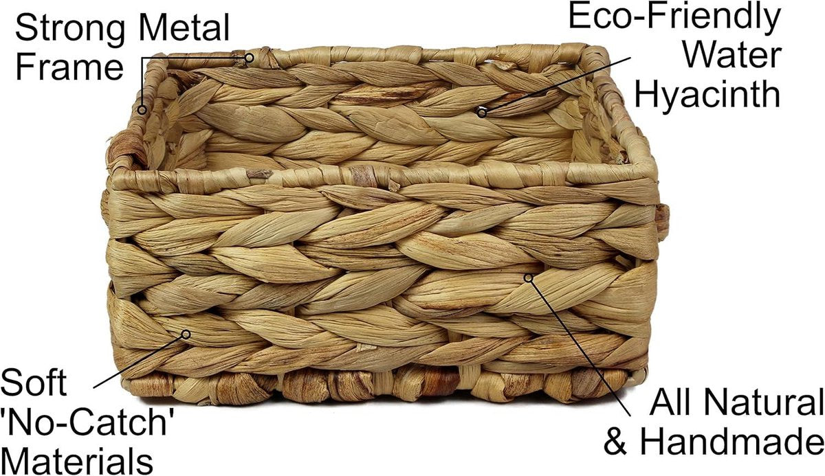 Square Water Hyacinth Small Baskets for Storage - Natural Color Woven Basket Open Shelves - Decorative Gift Box - Small Bathroom Mini Drawer Makeup Bathroom - Kitchen Organizer - Small 14cm 3 x Basket - HTML content needed