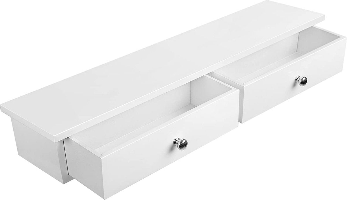 Wandplank, zwevende plank met 2 lades, hoogglans oppervlak, belastbaar tot 15 kg, 65 x 15 x 10 cm, hal, woonkamer en keuken, wit LWS65WT