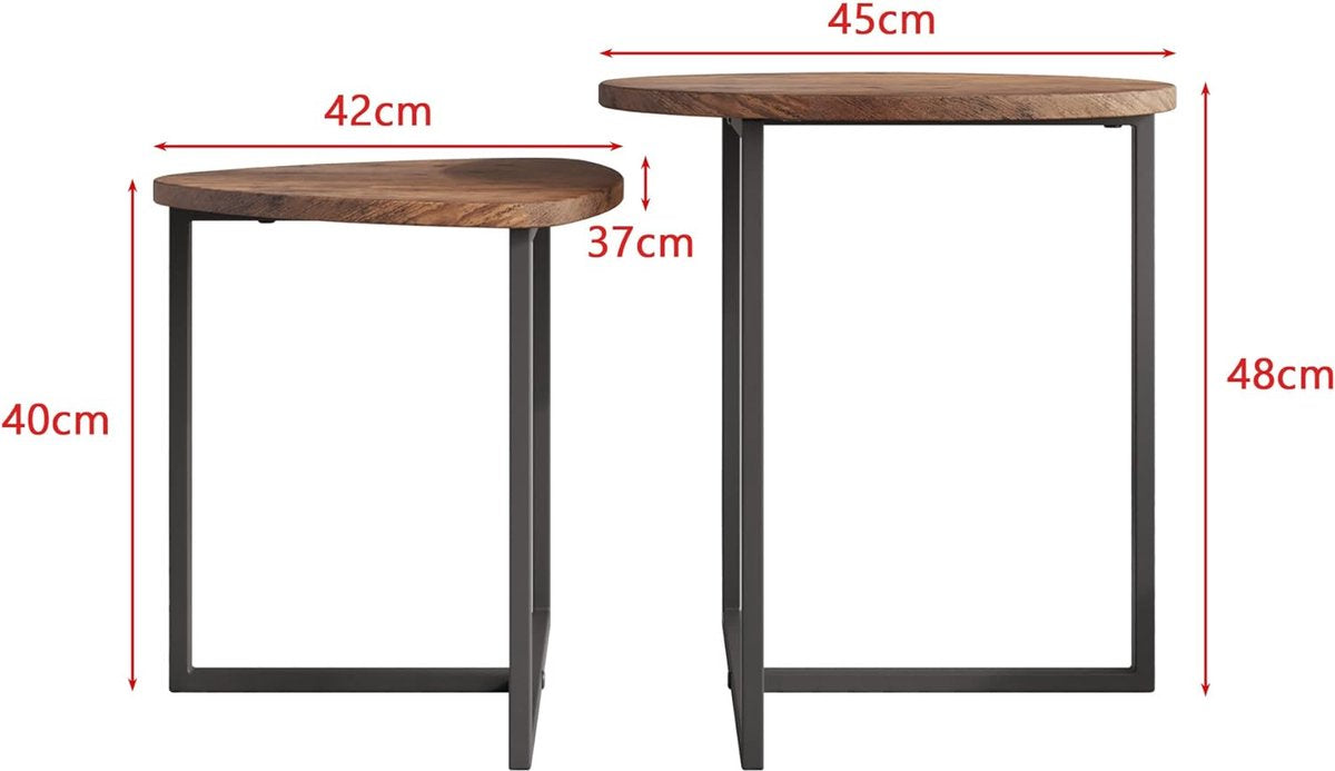 Salontafel, rond, set van 2, bijzettafel, koffietafel, metalen onderstel en hartvorm, een tafelblad van hout, industrieel design, woonkamertafel, modern, zwart + bruin