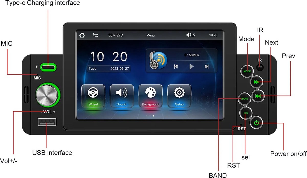 Autoradio - 1 DIN - Apple Carplay - Android Auto - Bluetooth - USB - Camera - 5"