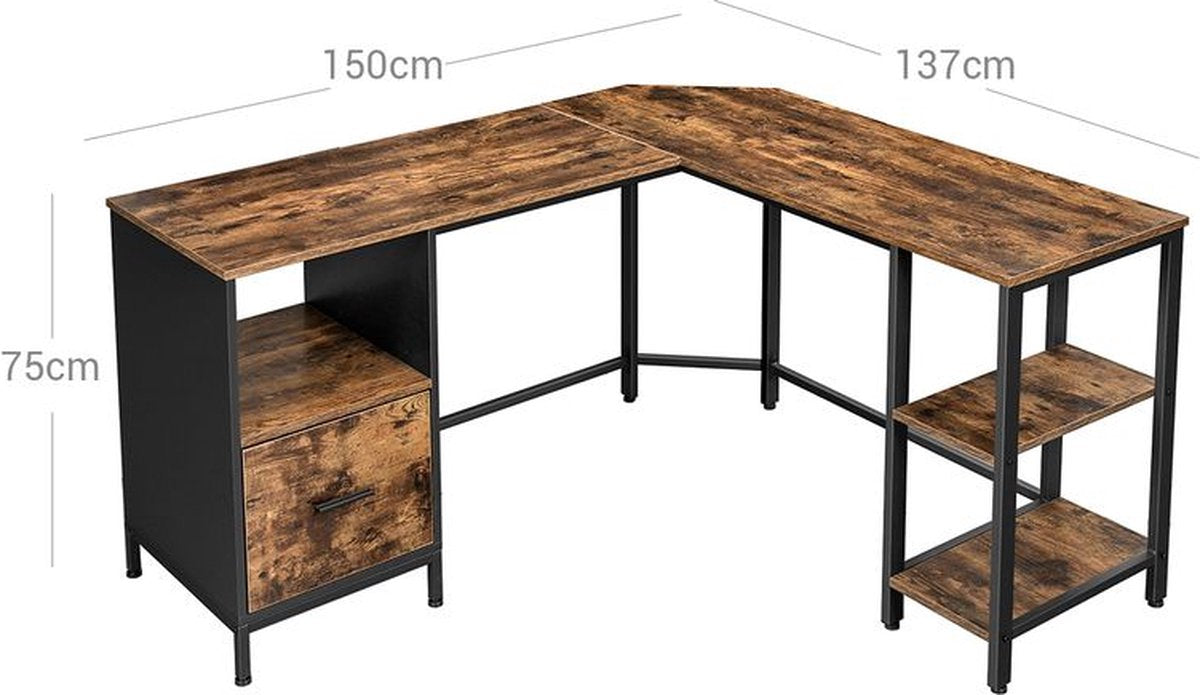 Hoekbureau - Computerbureau - Met Ladeblok - Houten Blad - Industriële Look - Bruin