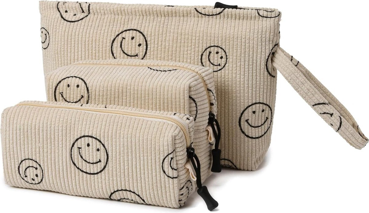 Tijdloze Corduroy Make-up Tas Set voor Vrouwen, Meisjes en op Reis, Beige