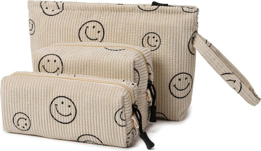 Tijdloze Corduroy Make-up Tas Set voor Vrouwen, Meisjes en op Reis, Beige