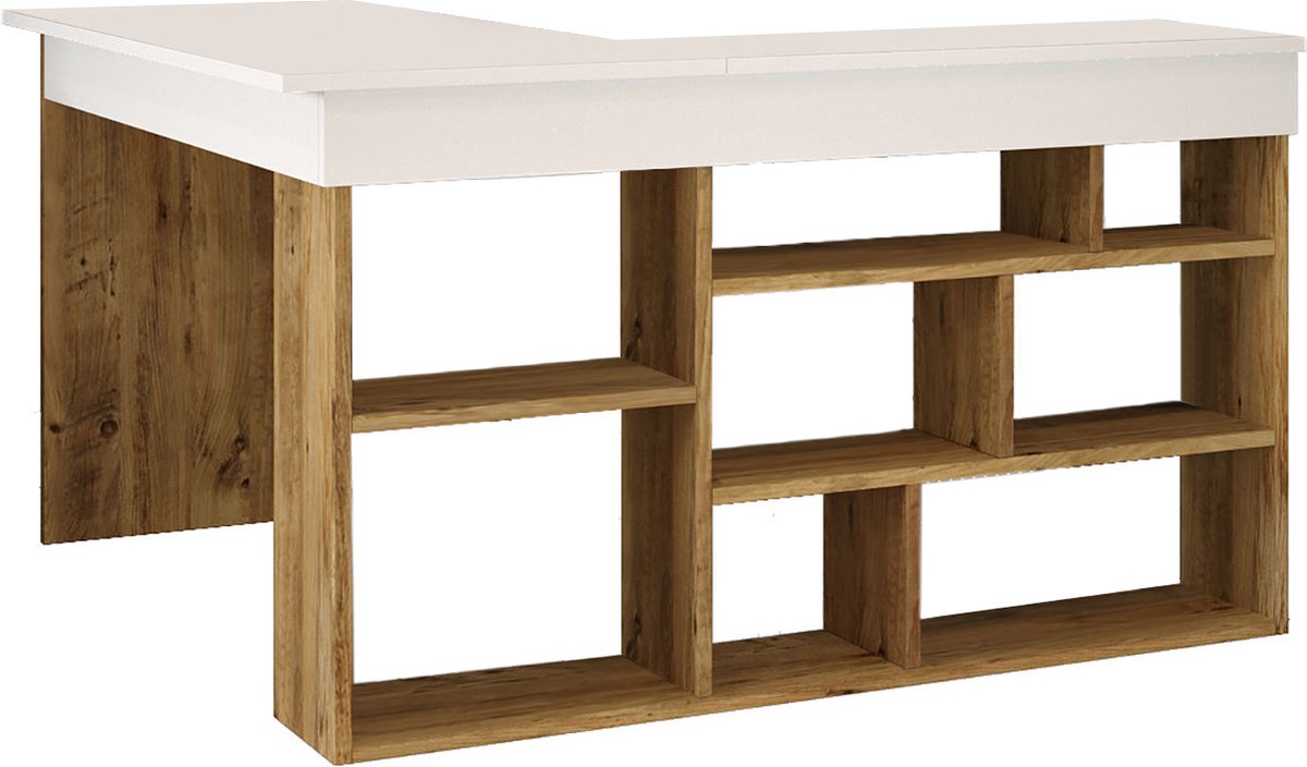 Hoekbureau met opbergruimte - Wit en naturel - LILEUL B 129 cm x H 72 cm x D 120 cm