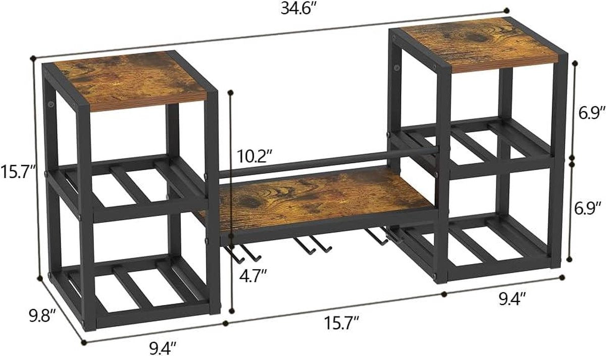 Wijnrek voor aan de muur met 3 glazenhouders - multifunctionele wijndisplay voor thuisbar en keuken met gedeeltelijke houten plank en zwarte metalen flessenhouder