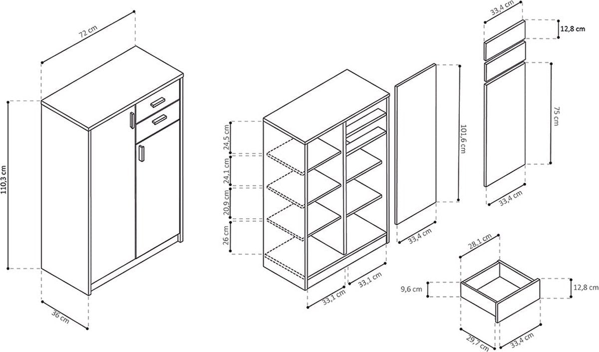 Low-density cabinet Edwin Sonoma - Width 72 cm - Height 110 cm - Depth 36 cm - With drawers - With shelves - With hinged doors - Filing cabinet - Storage cabinet - Small - Low