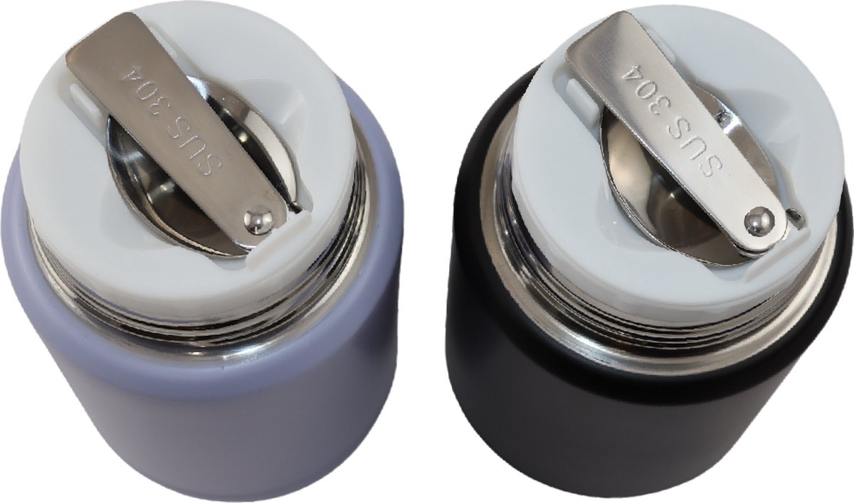 Lichtpaarse & Zwarte Thermos Voedselcontainer met Lepel x2 - Thermoskan - Voedselcontainer voor noedels, soep, havermout, ijs, babyvoeding en meer! - Yoghurtbeker to go - Thermosbeker voor het meenemen van eten - Lichtpaars & Zwart - 450ml