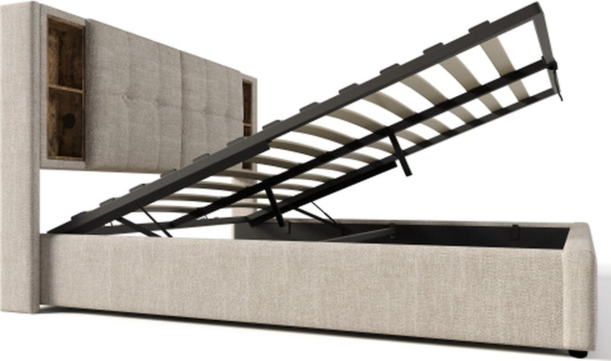 160x200 cm Tweepersoonsbedden met laden, bedbodem met opbergruimte, natuurlijke houten lattenbodem, beige